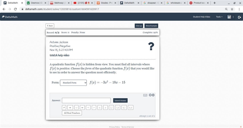 A quadratic function f(x)f is hidden from view. You must find all intervals where-example-1