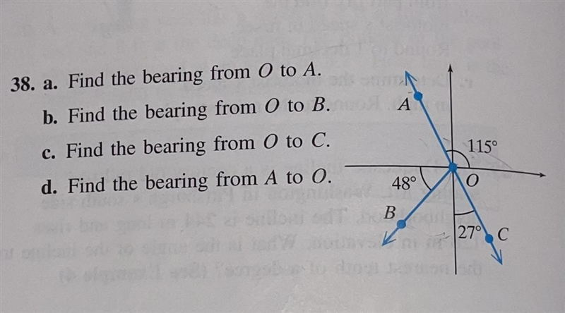 38. a. Find the bearing from O to A. b. Find the bearing from O to B. c. Find the-example-1