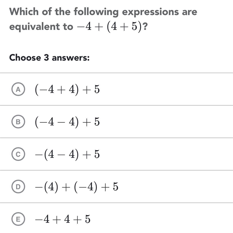 Which of the following expressions are equivalent to -4 + (4+5)-example-1