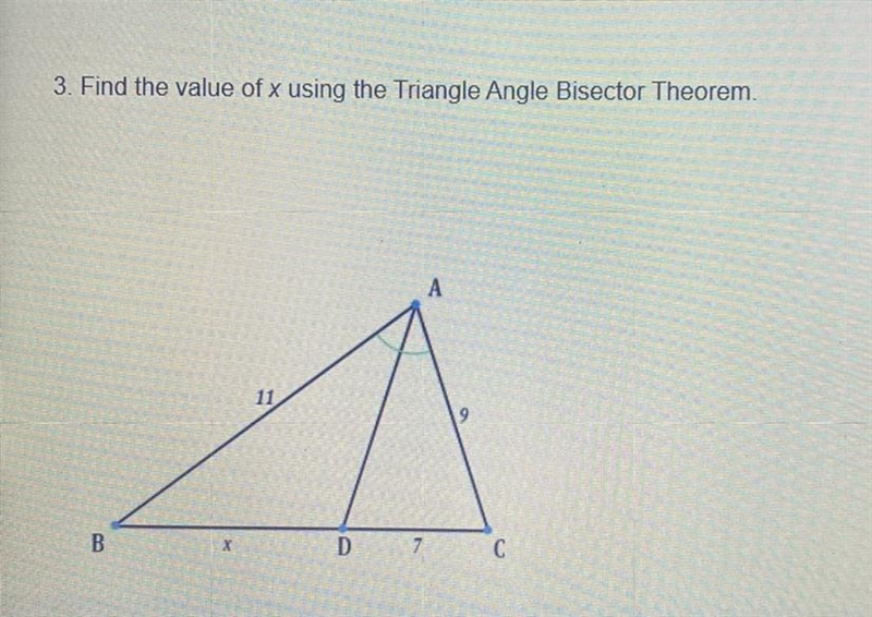 Find the value of x using the Triangle Angle Bisector Theorem. Show all Work-example-1