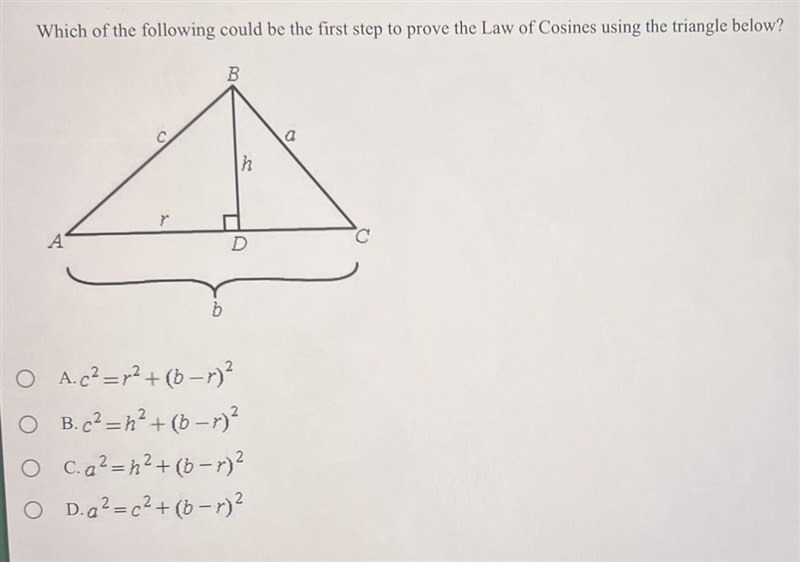 Which of the following could be the first step to prove the Law of Cosines using the-example-1