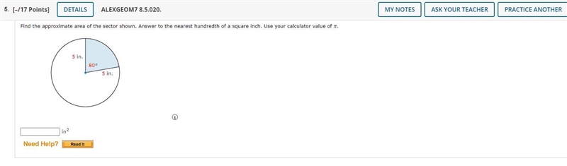 Find the approximate area of the sector shown. Answer to the nearest hundredth of-example-1