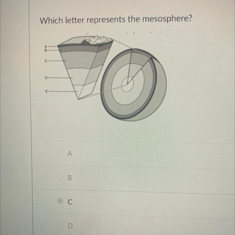 Which letter represents the mesosphere? A B C D-example-1