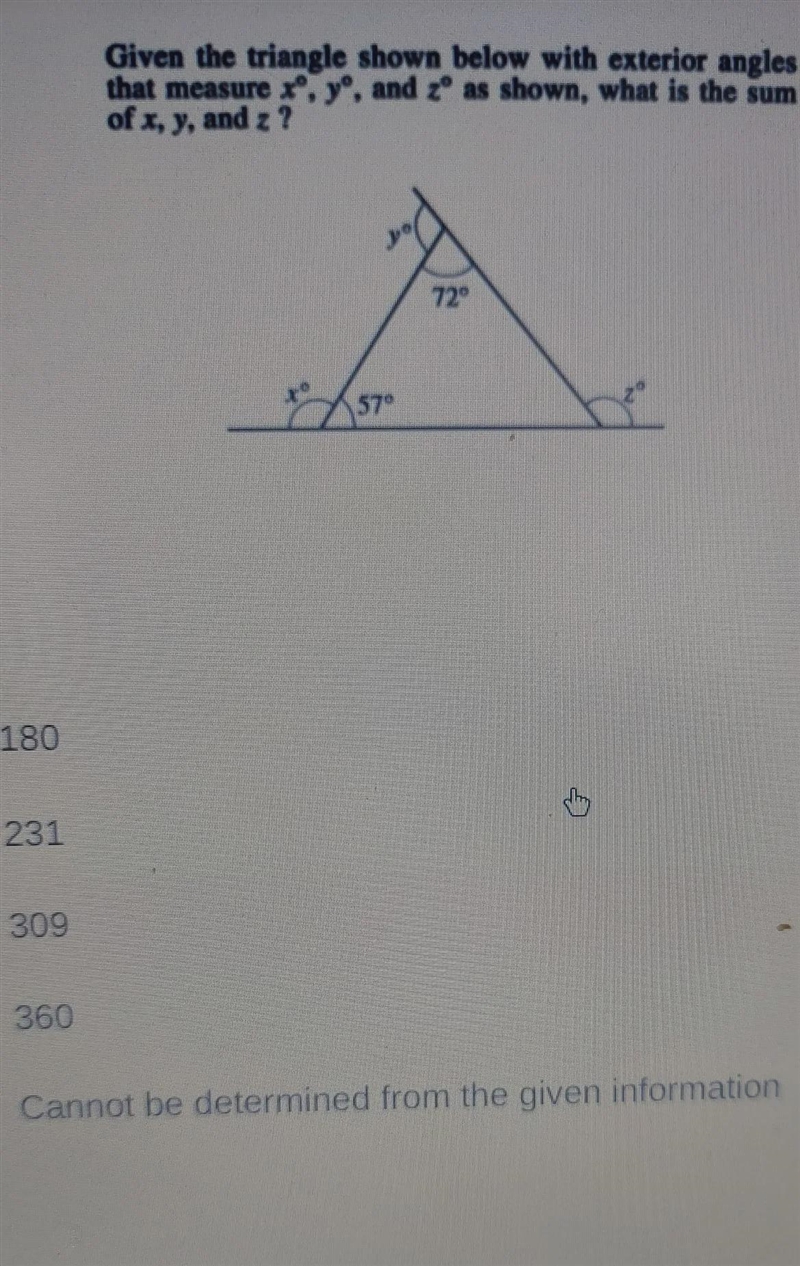 given the triangle shown below with exterior angles that measure x°, y°, and z° as-example-1