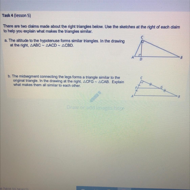 There are two claims made about the right triangles below. Use the sketches at the-example-1