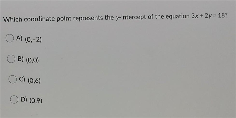 Which coordinate point represents the y-intercept of the equation 3x + y = 18?-example-1