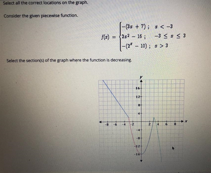 Select all the correct locations on the graph.Select the section(s) of the graph where-example-1