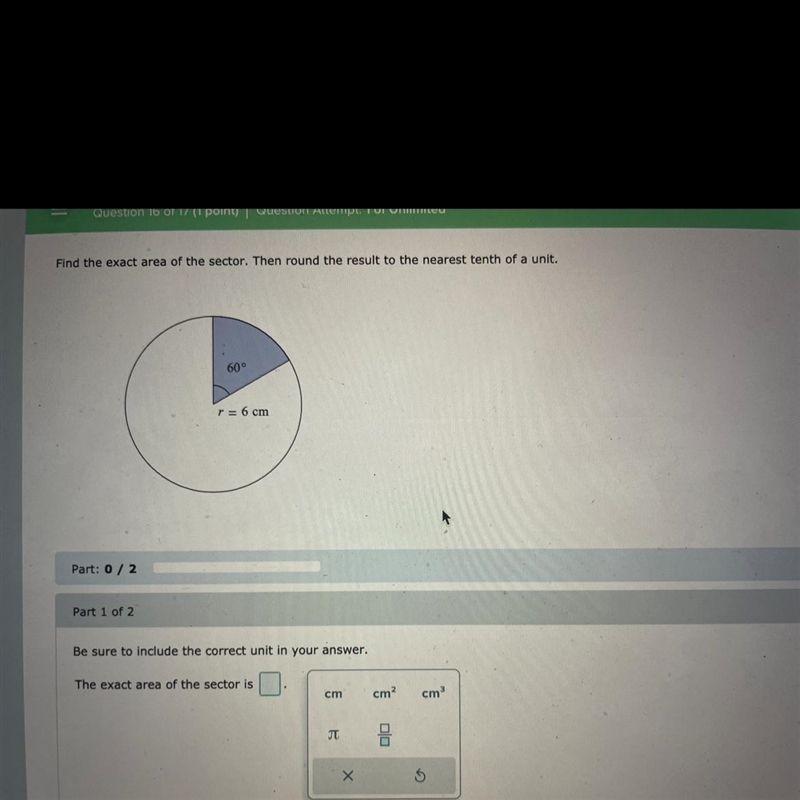 Find the exact area of the sector. Then round the result to the nearest tenth of a-example-1