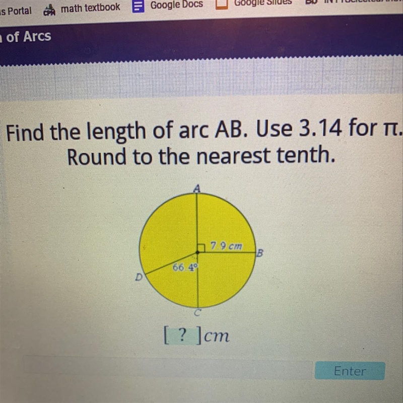 CellusFind the length of arc AB. Use 3.14 for n.Round to the nearest tenth.5 79 cm-example-1