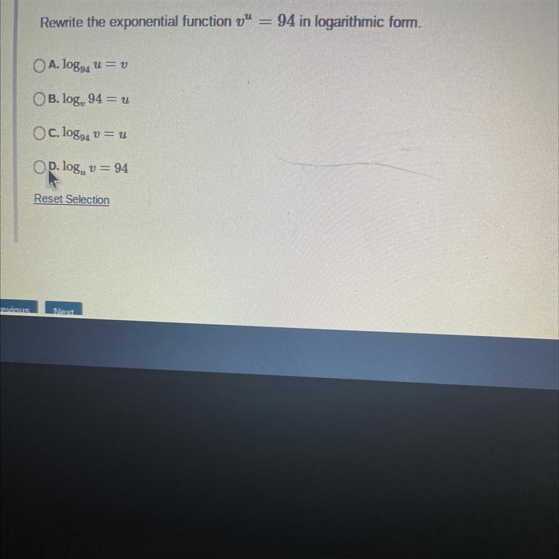 Rewrite the exponential function v" = 94 in logarithmic form.-example-1