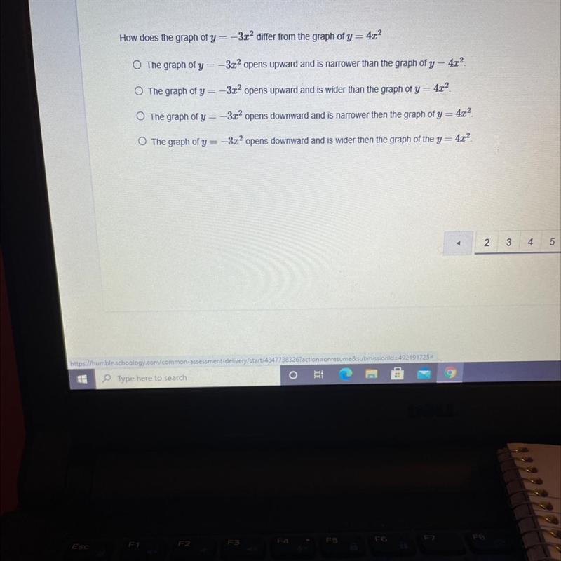 How does the graph of y= -3x^2 differ from the graph of y = 4x^2?-example-1