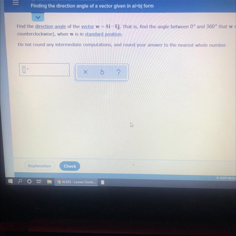 Find the direction angle of the vector w=4i-8j. That is, find the angle between 0 and-example-1