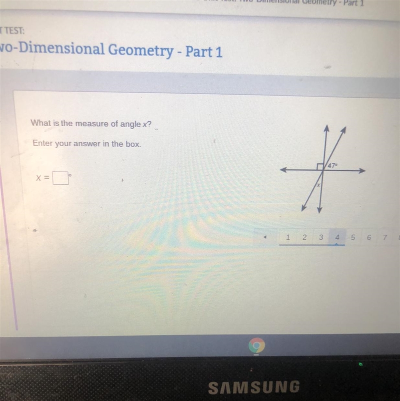 What is the measure of angle x? Enter your answer in the box. + 1470 x = 1 2 3 4 5 6 7 5.-example-1