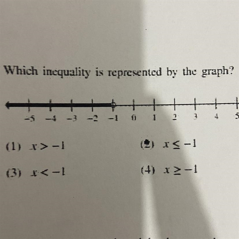 Which inequality is represented by the graph? 5 - 3 -2 -1 0 1 2 3 -3 (1) x>-1 (3) *&lt-example-1