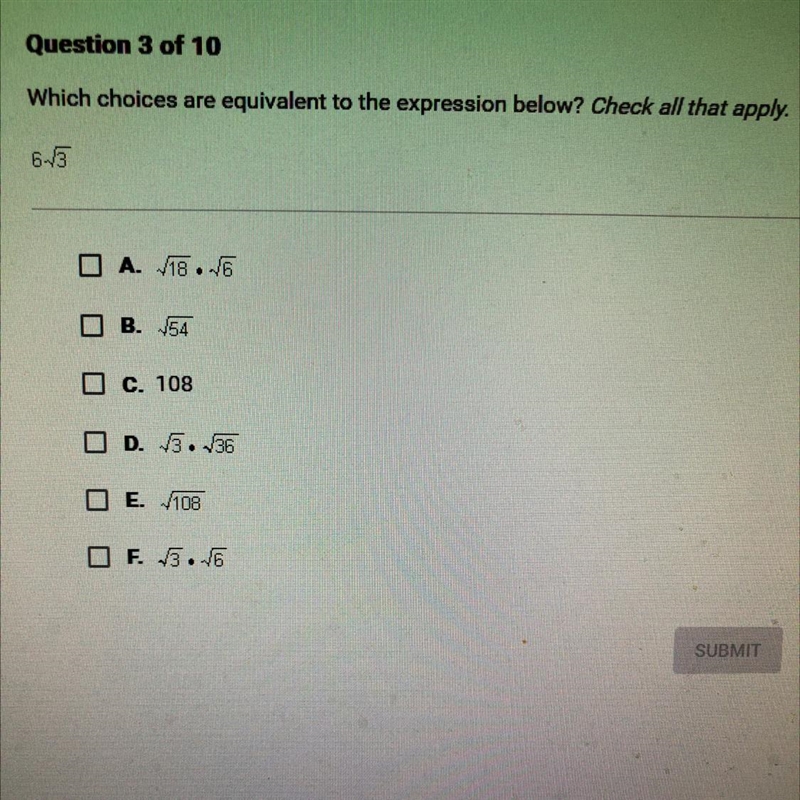 Which choices are equivalent to the expression below? Check all that appl6√3-example-1