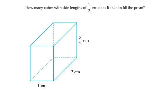 How many cubes with side lengths of 1/2 cm does it take to fill the prism.-example-1