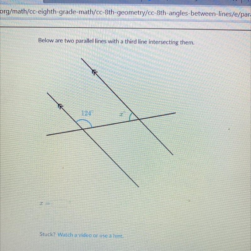 Below are two parallel lines with a third line intersecting them.1249-example-1