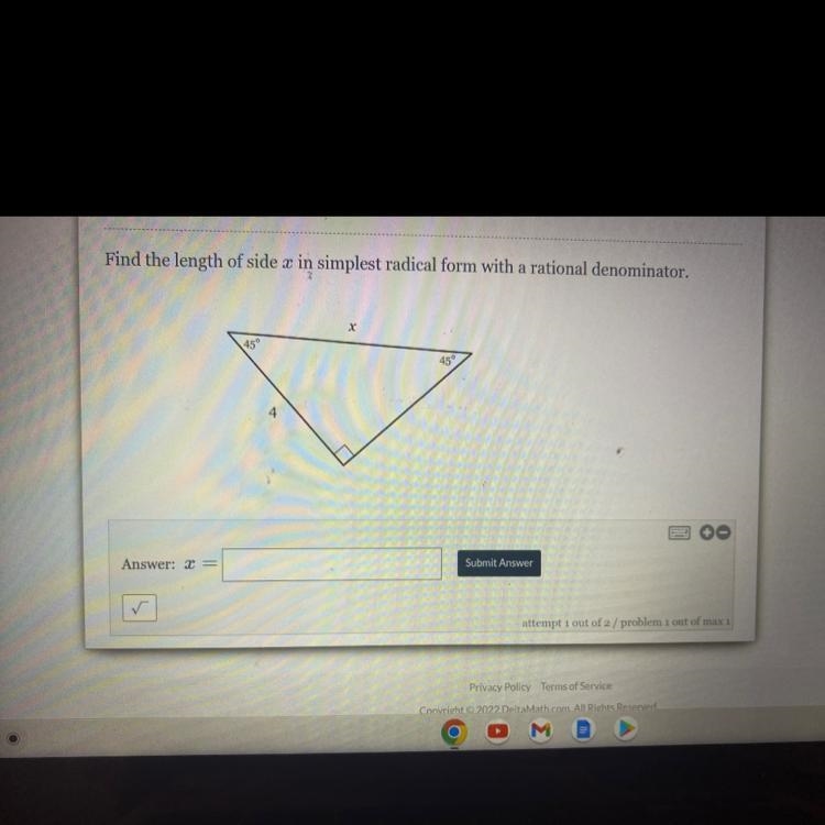 Find the length of side x in simplest radical form with a rational denominator. Answer-example-1