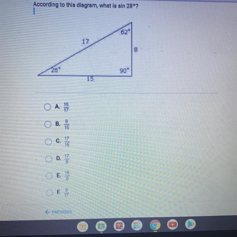 According to this diagram, what is sin 28°?621782890°15O O A. 15O B.815C.171517OD-example-1