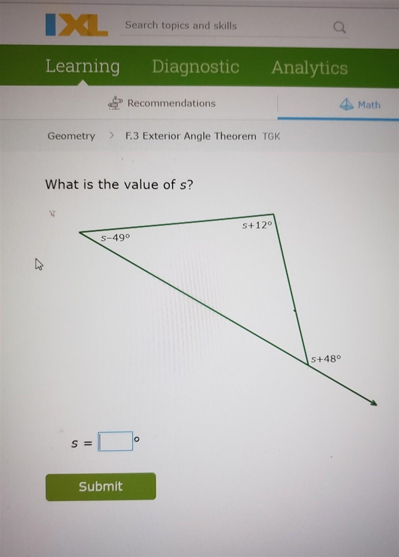 Exterior angle theorem simple answer pleasei know you dos-49 + s+12 + s + 48 = 180-example-1