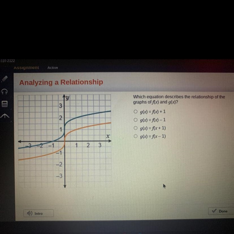 XxWhich equation describes the relationship of thegraphs of f(x) and g(x)?O g(x) = f-example-1