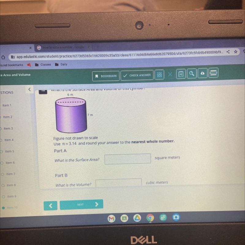 What is the Surface Area and volume of this cylinder? 6 m 7 m Figure nordrawn to scale-example-1