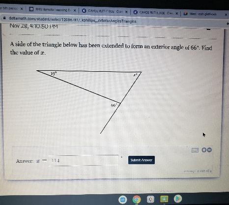 a side of the triangle below has been extended to form an exterior angle of 66 degrees-example-1