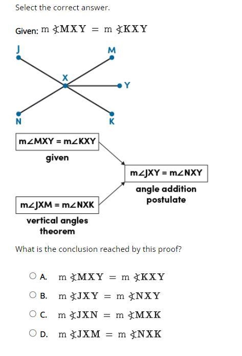 Given: m∡MXY = m∡KXY What is the conclusion reached by this proof?-example-1