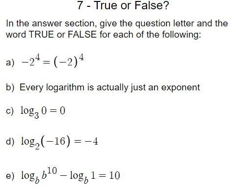 In the answer section, give the question letter and the word TRUE or FALSE for each-example-1