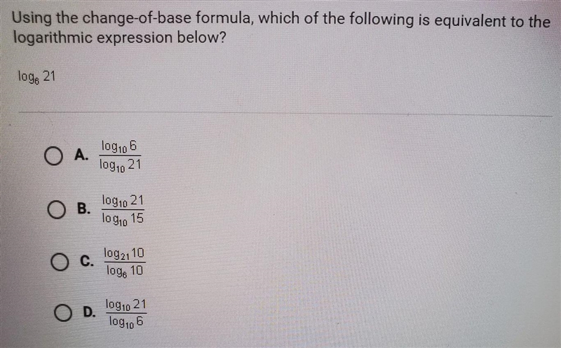 using the change-of-base formula, which of the following is equivalent to the logarithmic-example-1