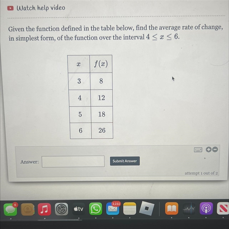 Given the function defined in the table below, find the average rate of change, in-example-1