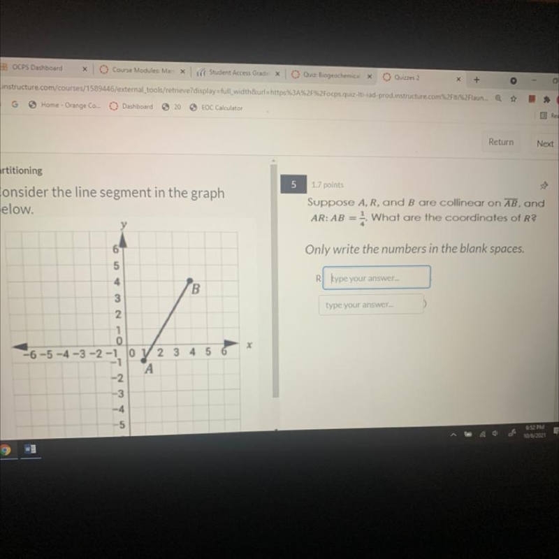 Suppose A,R, and B are collinear on AB and AR: AB=1/4, what are the coordinates of-example-1