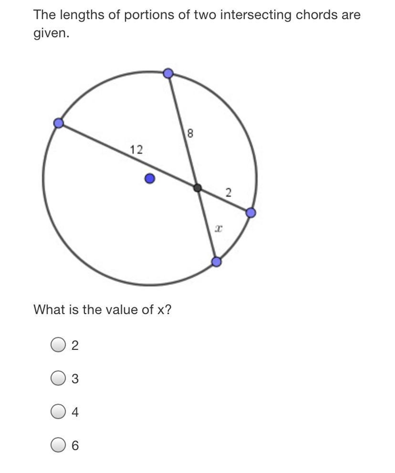 The lengths of portions of two intersecting chords are given.8122IWhat is the value-example-2