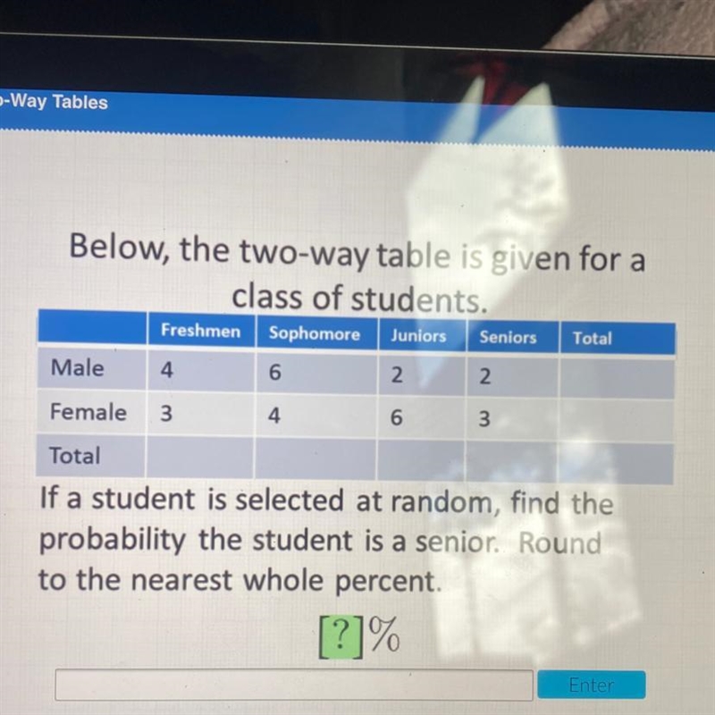 Below, the two-way table is given for aclass of students.smoaFreshmenSophomoreJuniorsSeniorsTotalMale-example-1