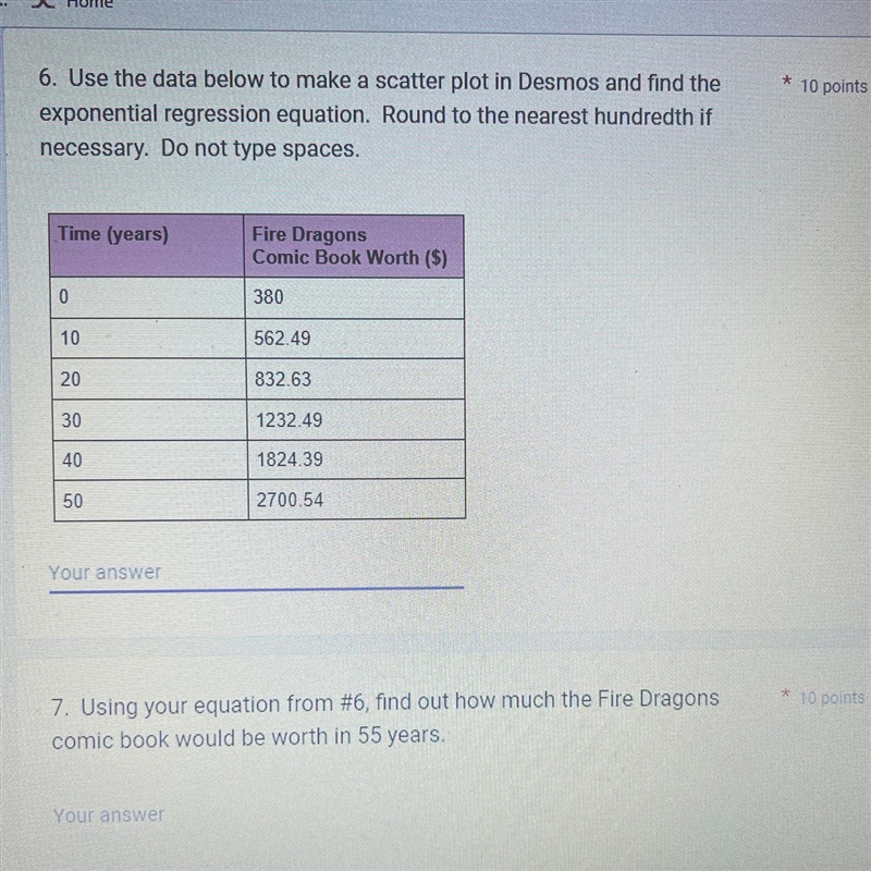 6. Use the data below to make a scatter plot in Desmos and find the exponential regression-example-1