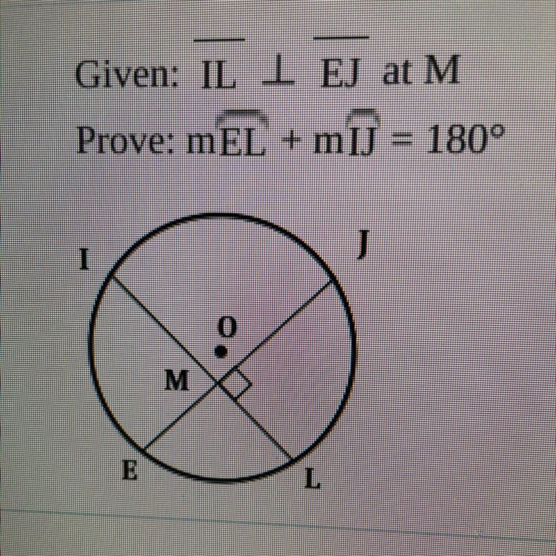 Solve the following problems. Given: IL Perpendicular EJ at M Prove: mEL + mll = 180° Just-example-1