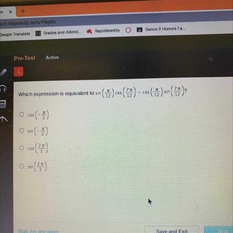 Which expression is equivalent to sin(71(1) cos (72) - cos () sin (77.)?1?O cos (5)O-example-1