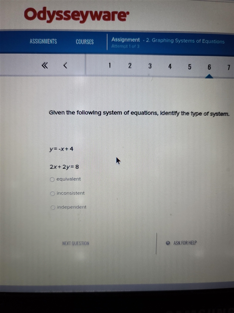 Glven the following system of equations, identify the type of system. y=-×+4 2x+2y-example-1