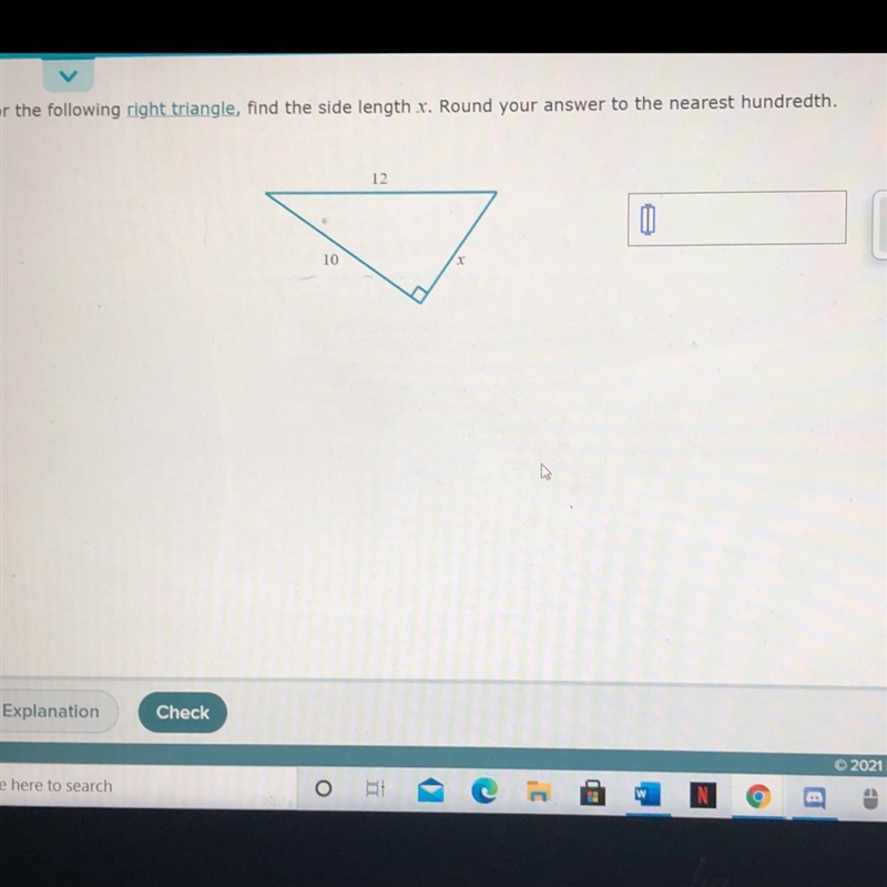 For the following right triangle, find the side length x. Round your answer to the-example-1