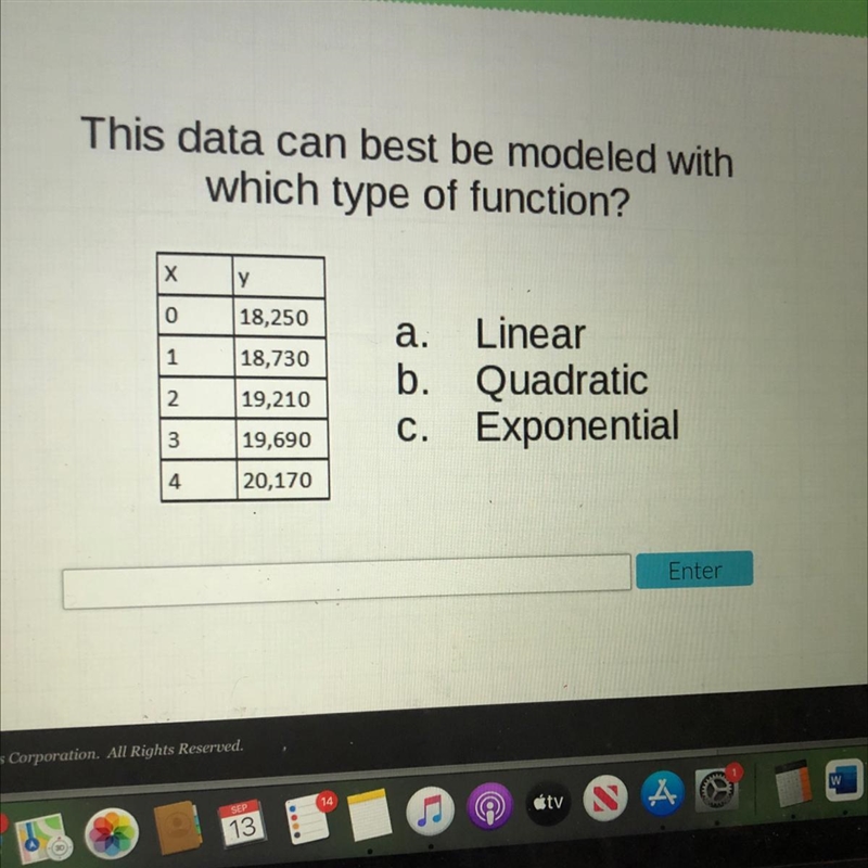 This data can best be modeled withwhich type of function?хГу018,250118,730Linearb-example-1