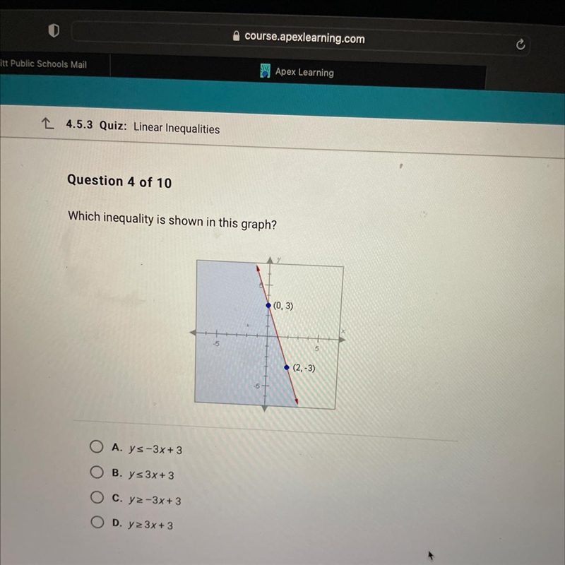 Which inequality is shown in this graph?(0, 3) (2,-3)A. y<-3x+3B. y≤ 3x+3C. y&gt-example-1