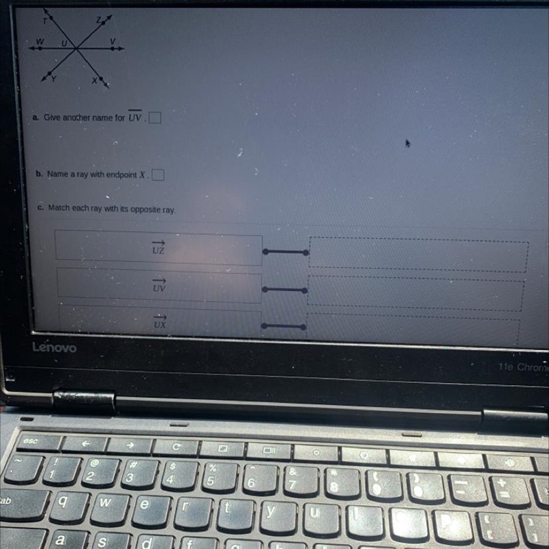 WUa. Give another name for UV.b. Name a ray with endpoint X.c. Match each ray with-example-1