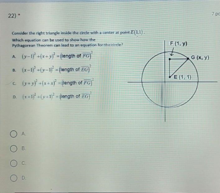 consider the right triangle inside the circle with a center at point E(1,1). which-example-1