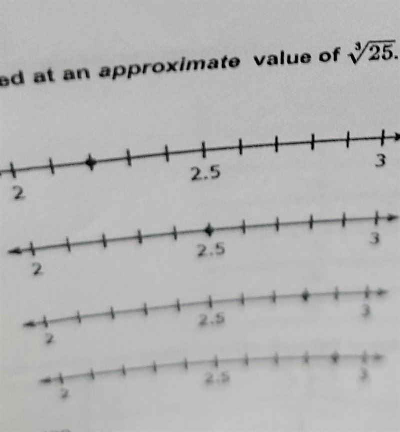 a point is located in an approximate value of 3 square root 25 which number line best-example-1