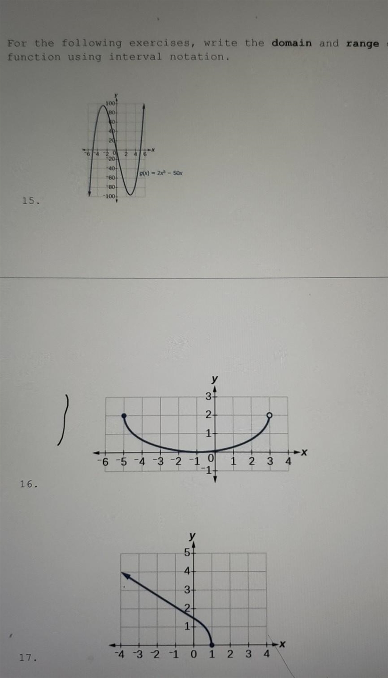 I need help finding the domain and range of these 3 graphs using interval notation-example-1