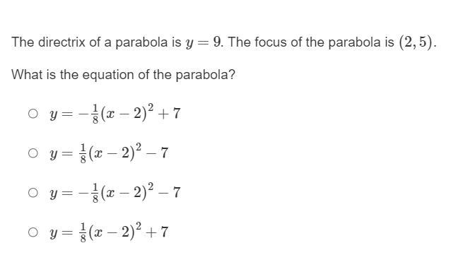 PLEASE HELP!!!! The focus of a parabola is (−6,−3) . The directrix of the parabola-example-3