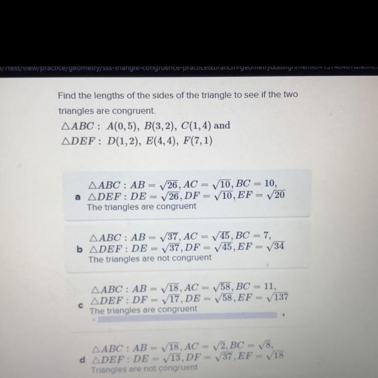 Find the lengths of the sides of the triangle to see if the two triangles are congruent-example-1