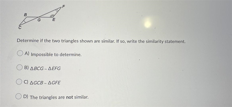 Determine if the two triangles shown are similar. If so, write the similarity statement-example-1