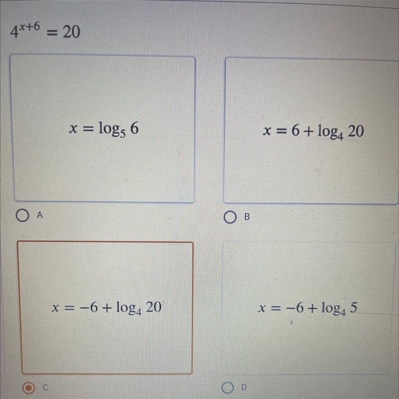 State the solution in terms of x 4^x+6 = 20-example-1