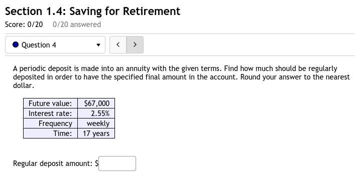 4. A periodic deposit is made into an annuity with the given terms. Find how much-example-1